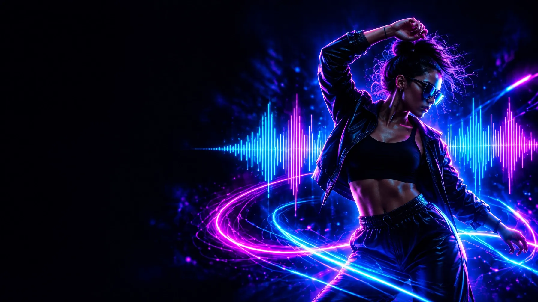 Dancer surrounded by vivid neon soundwaves and light trails