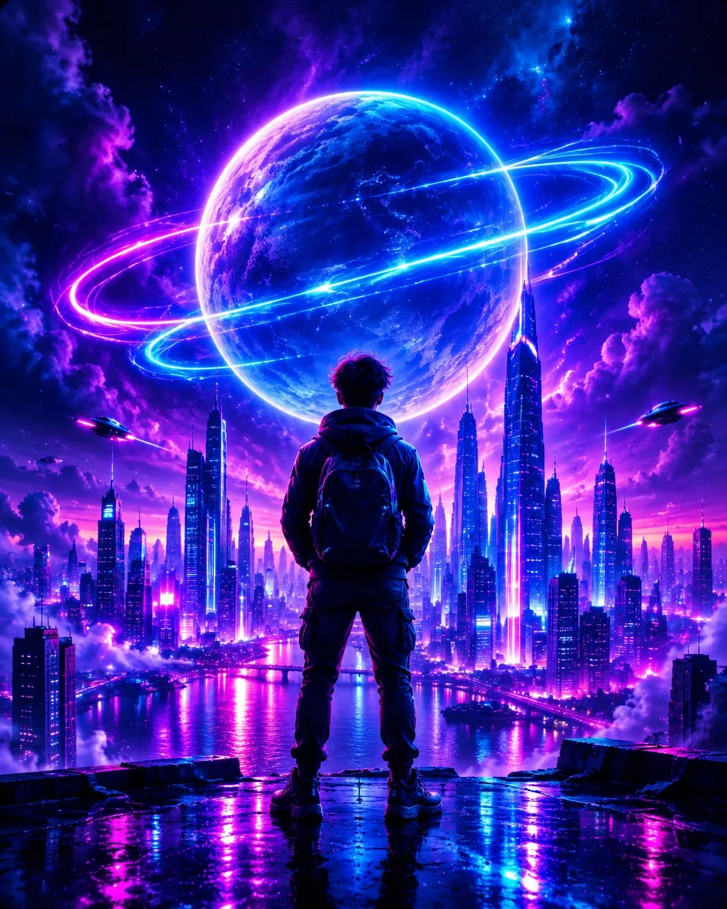 A figure looking toward a luminous planet above a futuristic city