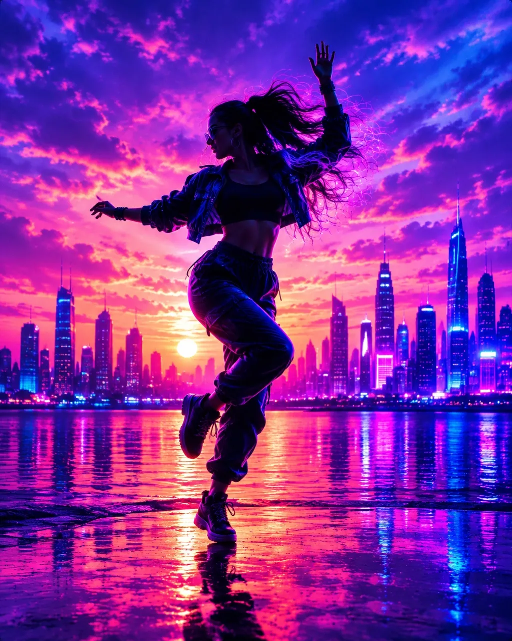 Dancer silhouetted against a vivid sunset, imagined as an AI music video