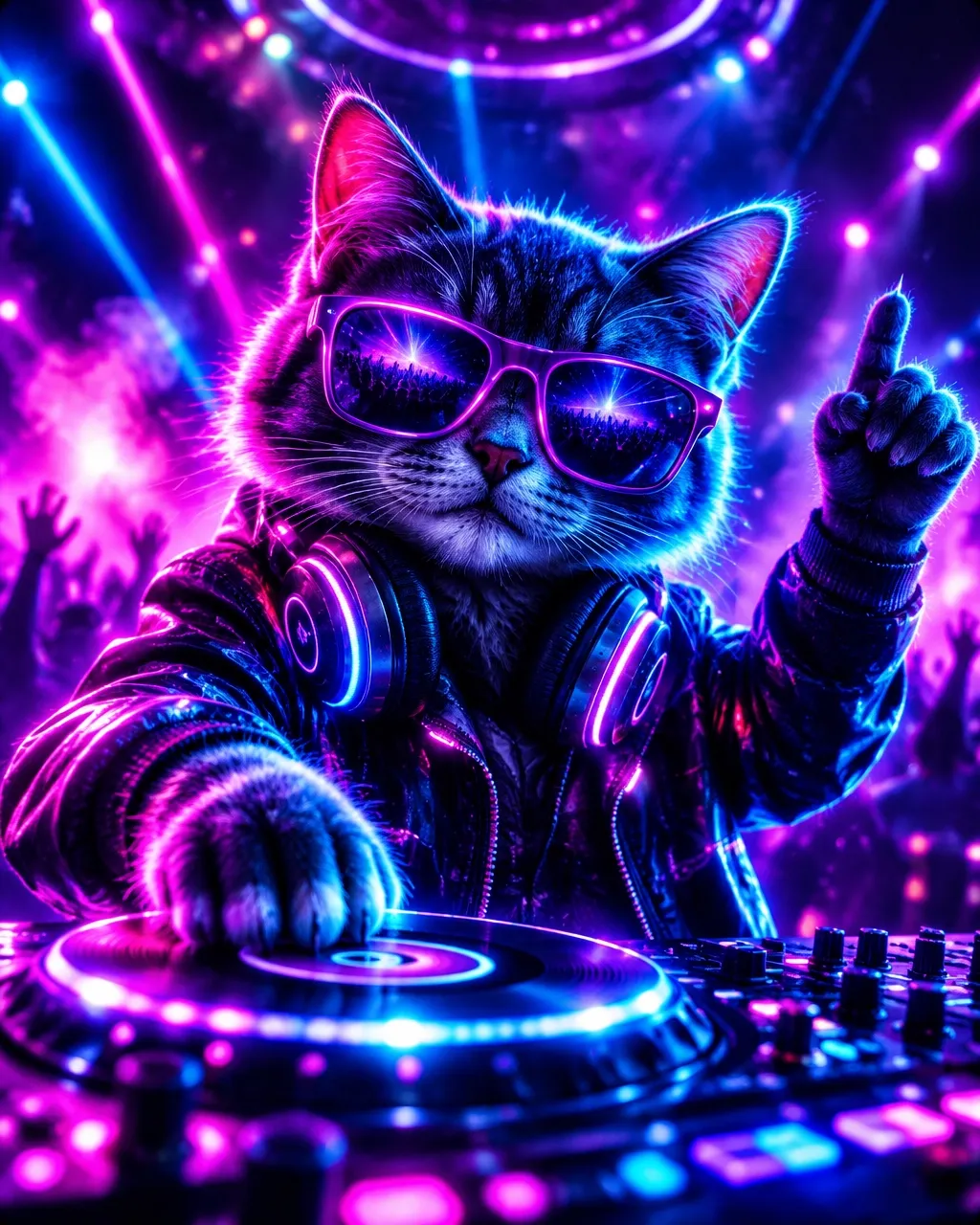 Neon-lit cat DJ at a turntable, imagined as an AI music video
